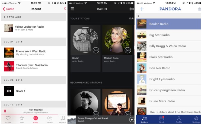 Radio Playlists - Both Apple Music and Spotify are horridly clueless here. Functionally, Radio for both operate like Pandora (Music Genome Project may make better song selections, who knows?) But Apple lists previous playlists by Date (??), and Spotify sticks to their huge photo blocks made worse with horizontal scrolling! Come on, it's not that hard folks.
